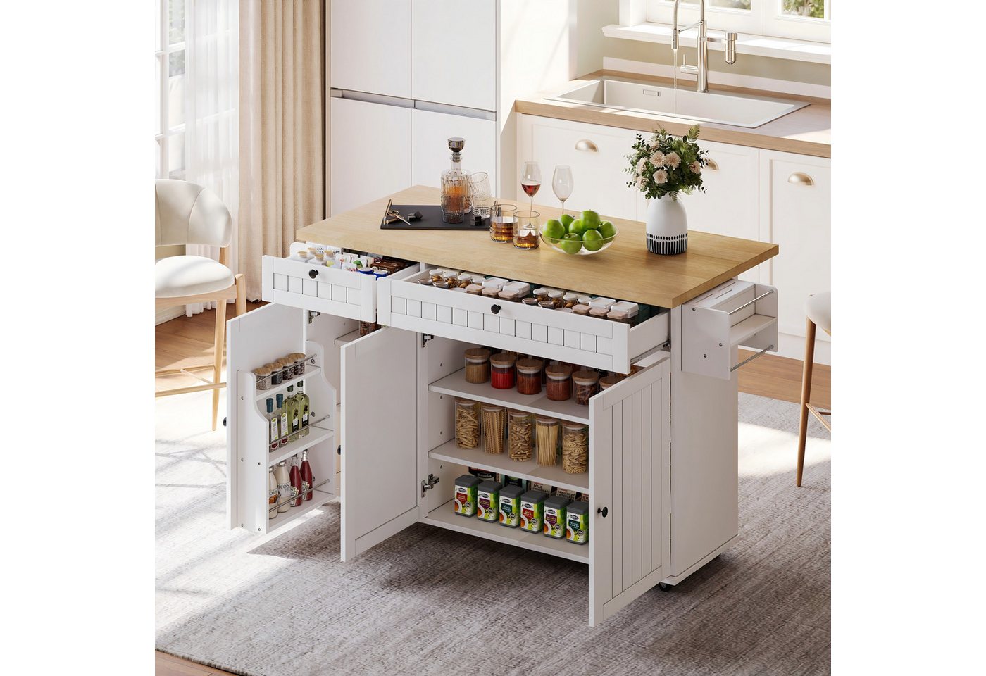 i@home Kücheninsel mit klappbarer Arbeitsplatte,Küchenschrank auf 6 feststellbaren Rollen, (mit Ablage,Türregal,2 großen Schubladen und Schrank 137 x 89,5 x 45 cm) von i@home