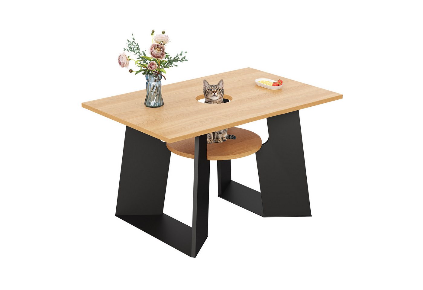 i@home Küchentisch Haustierfreundlicher Esszimmertisch (1 Tisch), mit Haustierbereich & Ablagebrettchen,(130×85×75 cm), Natur/Schwarz von i@home