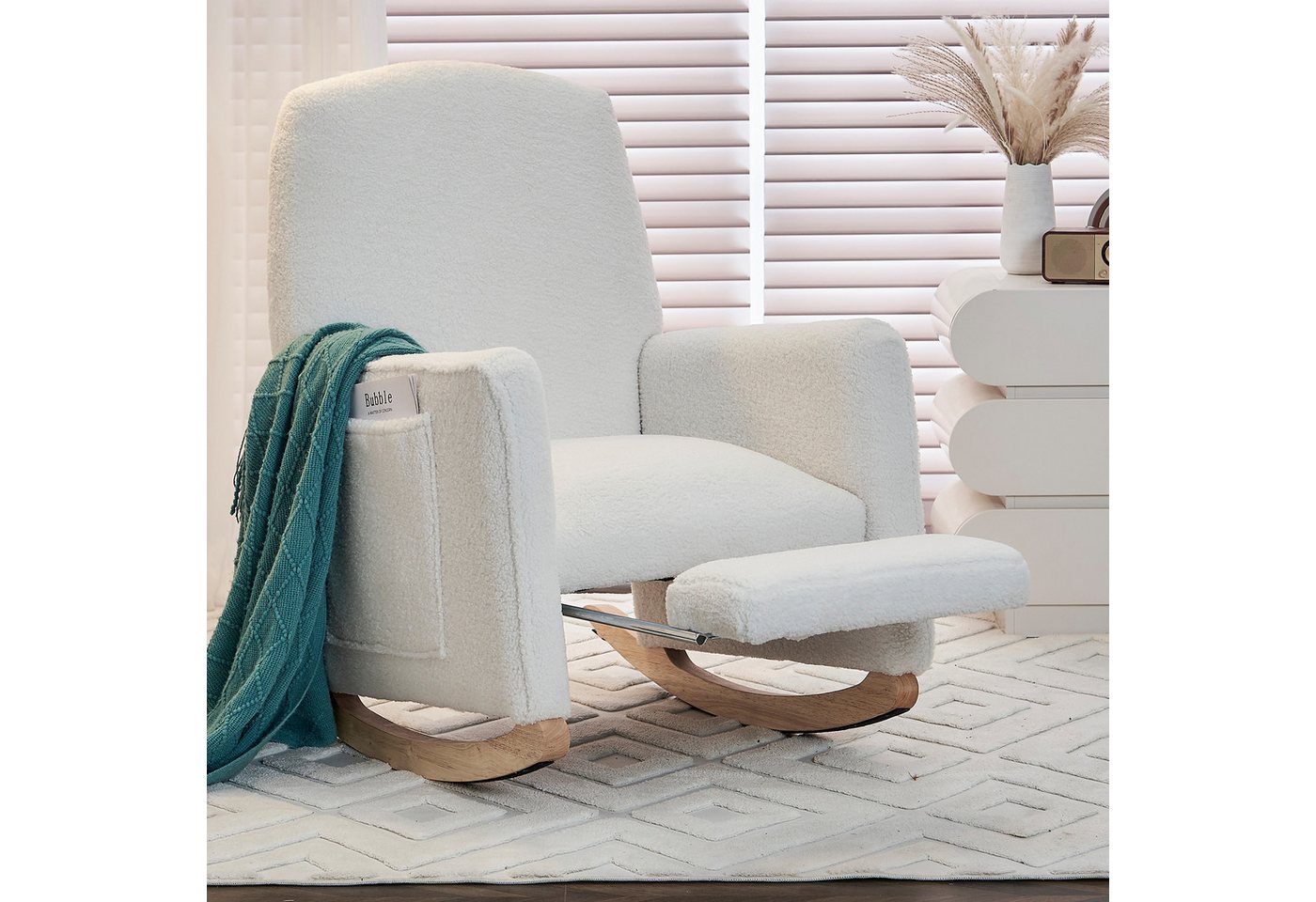 i@home Loungesessel Schaukelstuhl mit Hocker, Relaxsessel mit Ottomane (Rückenlehne für das Wohnzimmer,Teddy-Stoff, Schaukelstuhl für den Innenbereich mit hoher), Hohe Rückenlehne, Integrierter Fußhocker, Schaukelmechanismus von i@home