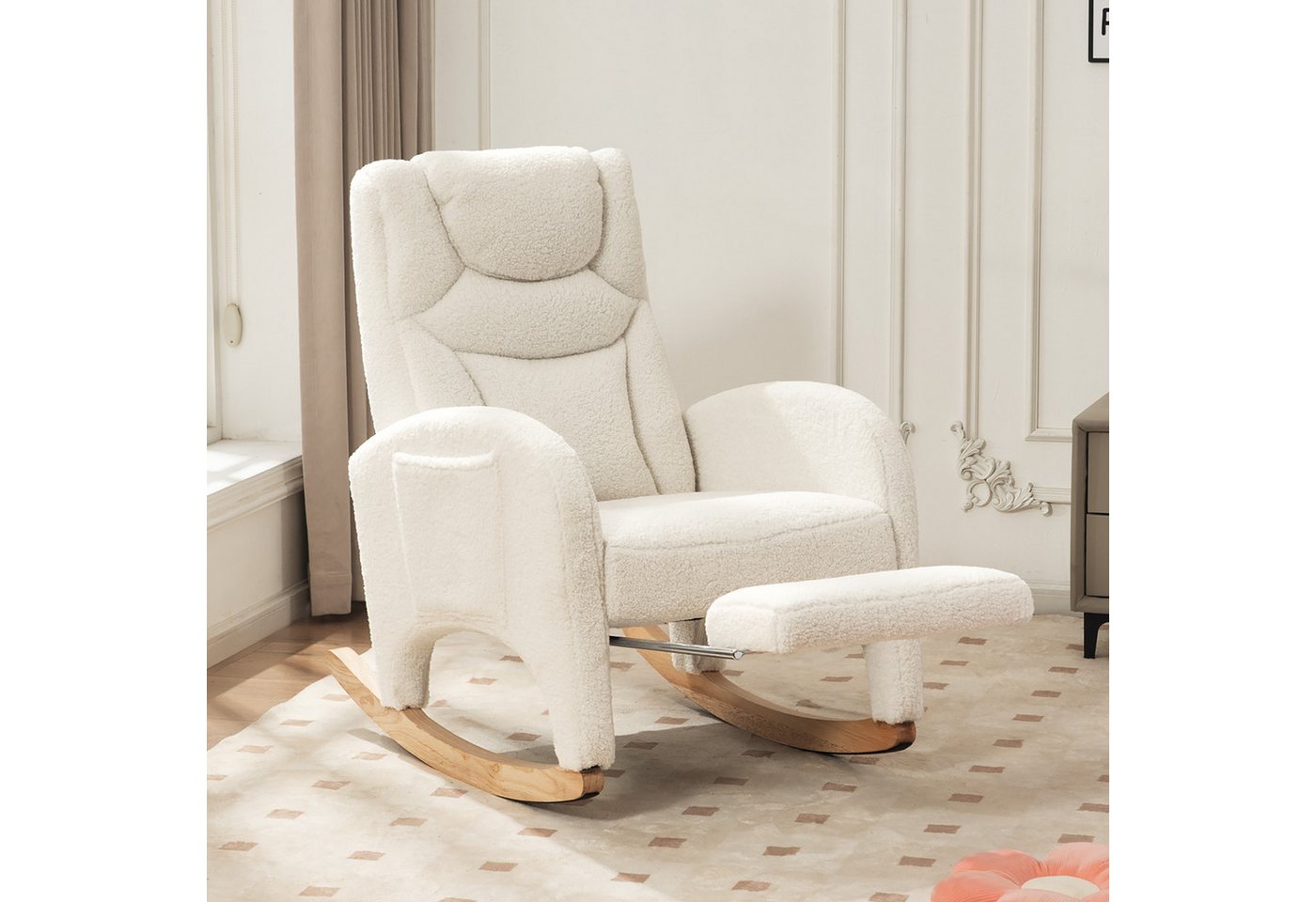i@home Loungesessel Schaukelstuhl mit Hocker, Relaxsessel mit Ottomane (Rückenlehne für das Wohnzimmer,Teddy-Stoff, Schaukelstuhl für den Innenbereich mit hoher), Hohe Rückenlehne, Integrierter Fußhocker, Schaukelmechanismus von i@home