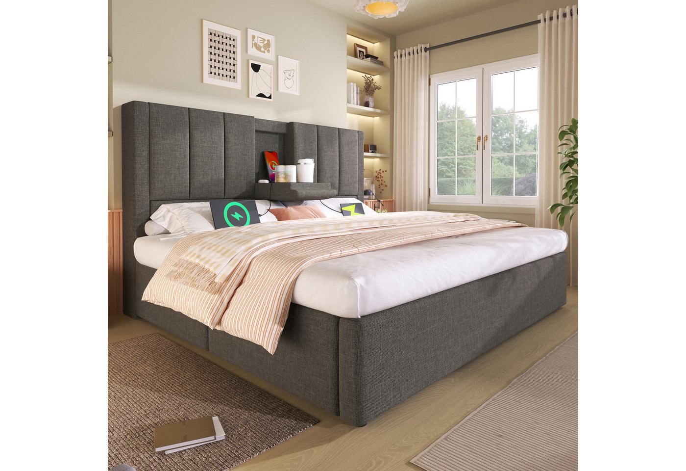 i@home Polsterbett mit Stauraum, (160*200 cm, Grau), mit verstecktem Becherhalter & Ladestation von i@home