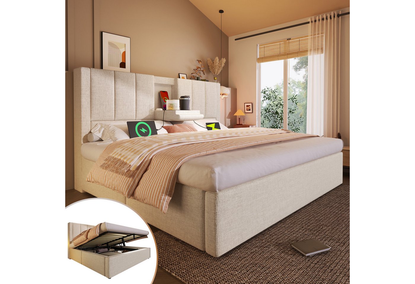 i@home Polsterbett mit Stauraum, (160*200cm, Beige), mit verstecktem Becherhalter & Ladestation von i@home
