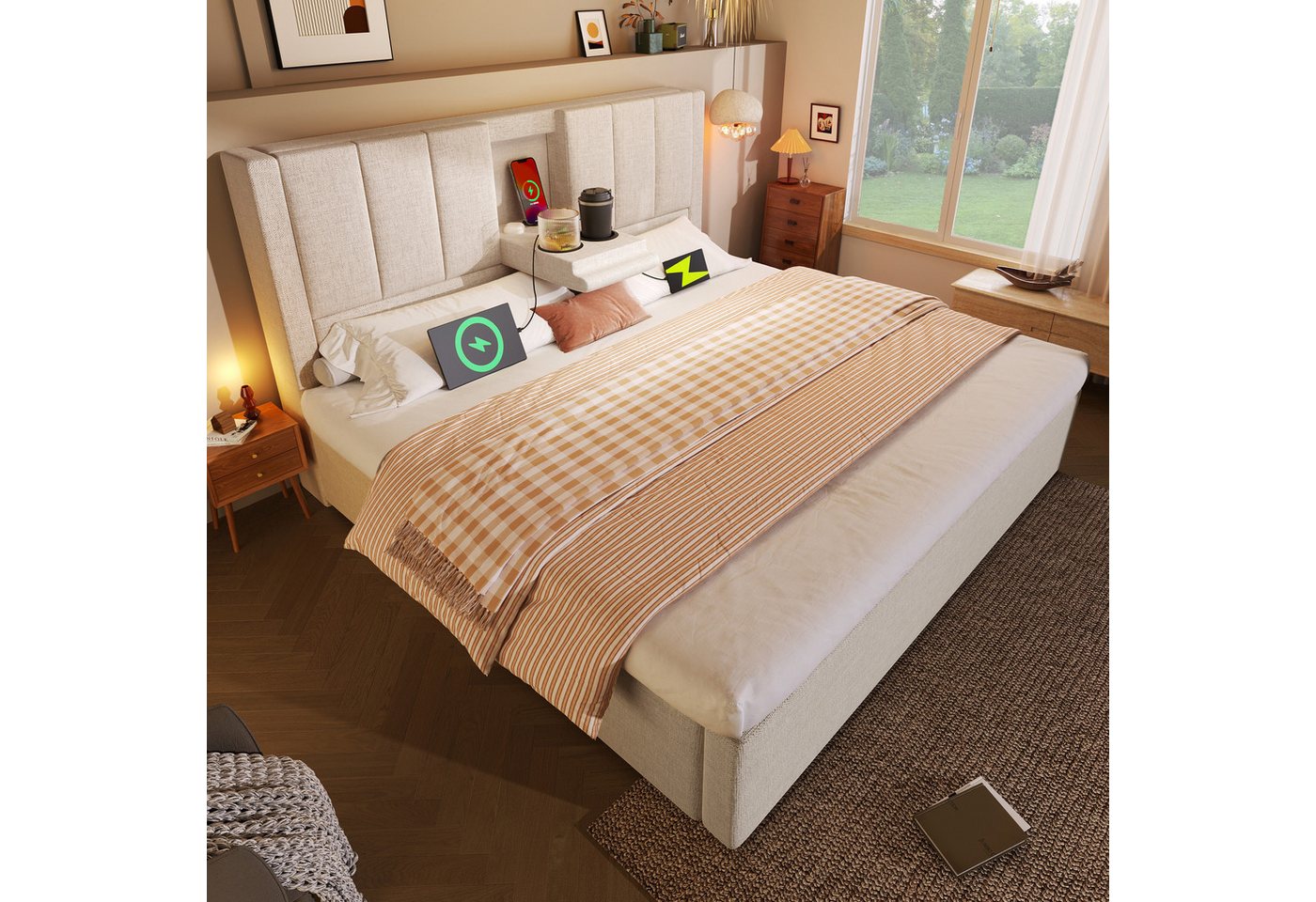 i@home Polsterbett mit Stauraum, (180*200cm, Beige), mit verstecktem Becherhalter & Ladestation von i@home