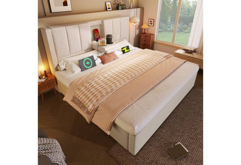 i@home Polsterbett mit Stauraum, (180*200cm, Beige), mit verstecktem Becherhalter & Ladestation von i@home