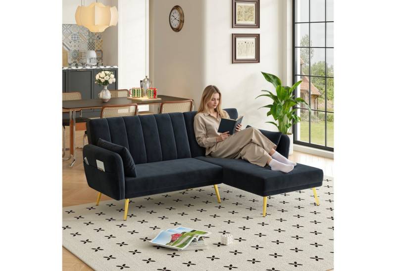 i@home Schlafsofa klappbares Schlafsofa mit Hilfsfüßen,Samtstoff,Schwarz/Beige/Grau, Multifunktionales L-Sofa mit Schlaffunktion von i@home