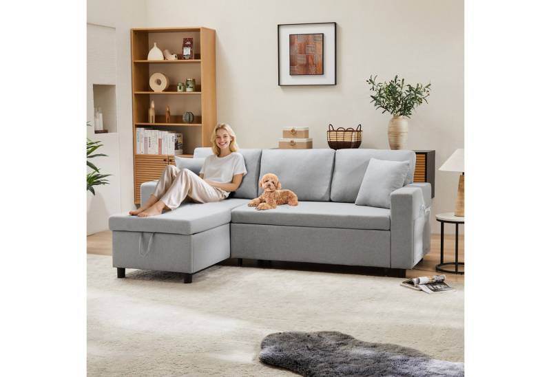 i@home Schlafsofa mit Bettkasten & Schlaffunktion, L-Form EckSofa mit austauschbarer Chaiselongue, Stoffsofa in Grau von i@home