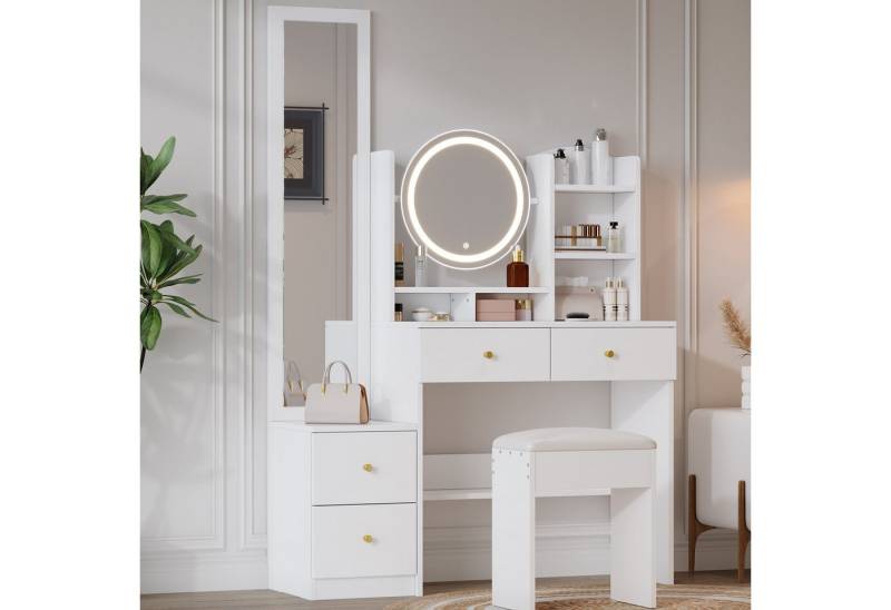 i@home Schminktisch 4-in-1 Schminktisch mit LED-Beleuchtung, Weiß, H164× B109 × T36 cm (Schminktisch mit Hocker, Schminktisch inkl. Hocker), 4-in-1: Spiegel, LED, Hocker, Stauraum, Kippsicherung von i@home