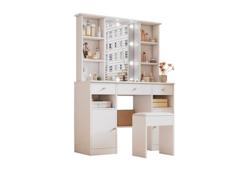 i@home Schminktisch Großer Schminktisch mit LED-Beleuchtung, Spiegel & Hocker, Weiß (Schminktisch-Set mit Hocker), Kosmetiktisch mit 3 Schubladen, 2 Türen & Ablagen – B110/H151/T40cm von i@home