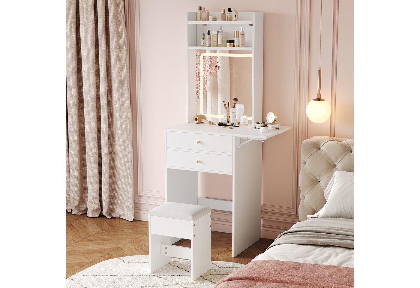 i@home Schminktisch Kleiner mit LED, klappbarer Tischplatte & Hocker (Schminktisch-Set inkl. Hocker), Kompakt, klappbare Tischplatte, LED-Spiegel, platzsparend von i@home
