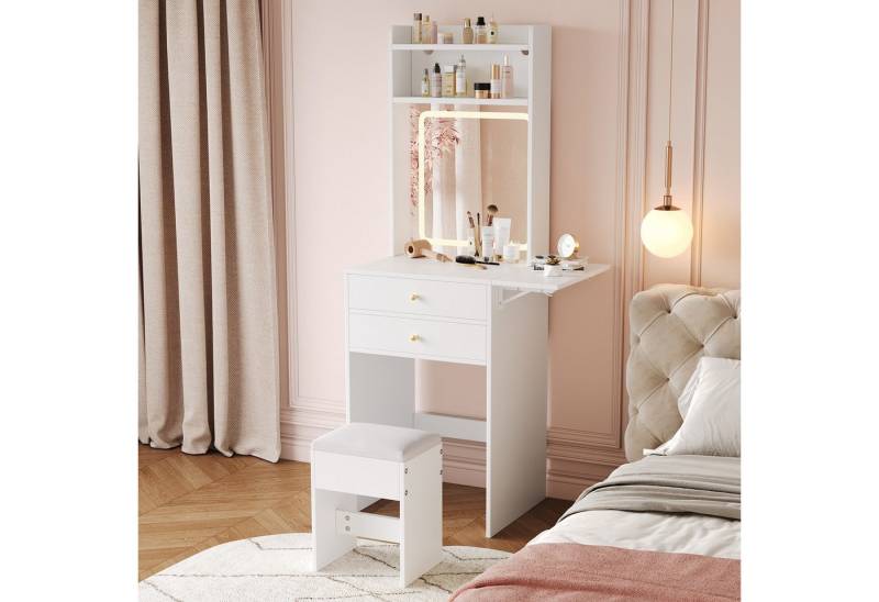 i@home Schminktisch Kleiner mit LED, klappbarer Tischplatte & Hocker (Schminktisch-Set inkl. Hocker), Kompakt, klappbare Tischplatte, LED-Spiegel, platzsparend von i@home