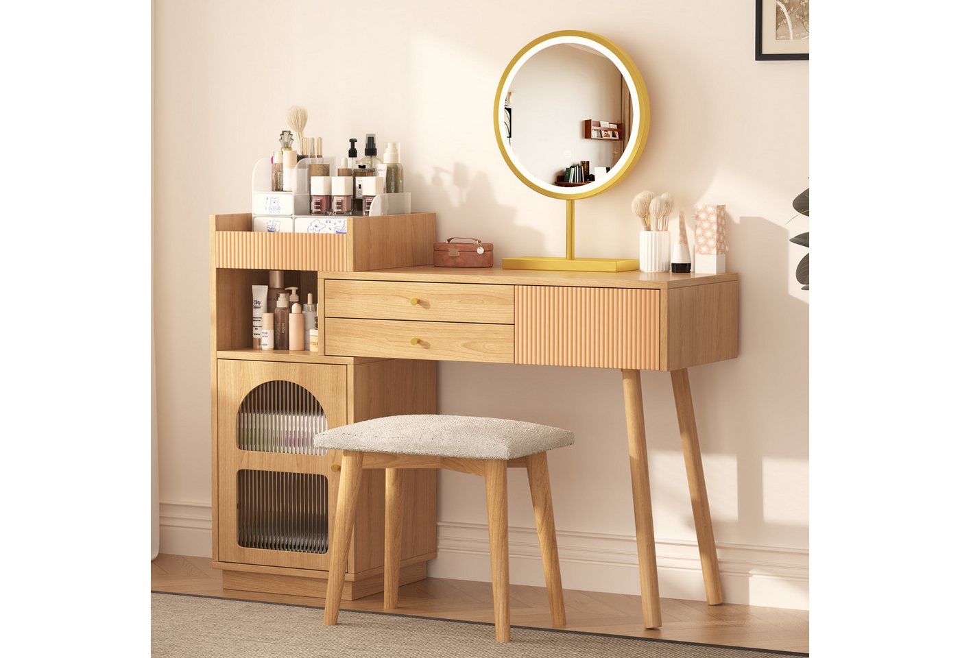 i@home Schminktisch -Set mit LED-Spiegel, 3 Schubladen & Seitenschrank, ausziehbar (Schminktisch-Set mit LED-Spiegel (ohne Hocker), Holzfüße, LED-Ringspiegel, 3 Schubladen, Tür & offene Fächer von i@home