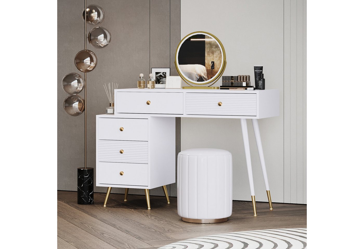 i@home Schminktisch -Set mit LED-Spiegel, 3 Schubladen & Seitenschrank (Schminktisch-Set (ohne Hocker), Moderner Kosmetiktisch, ausziehbares Design – B100/H78/T40 cm, Weiß von i@home