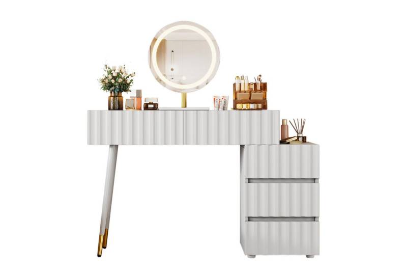 i@home Schminktisch Weißes Schminktisch-Set, B100/H127/T40 cm (1 Tisch ohne Hocker), mit LED-Spiegel und Beleuchtung und 5 geräumigen Schubladen von i@home