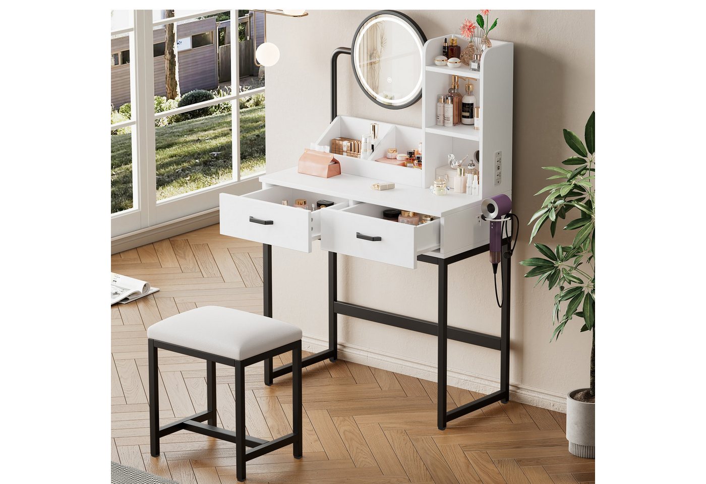 i@home Schminktisch mit LED-Spiegel, Steckdosen & Hocker, Weiß (Schminktisch inkl. Hocker), Weiße Tisch-& Sitzfläche, Metallbeine in Schwarz / Gold, viel Stauraum von i@home