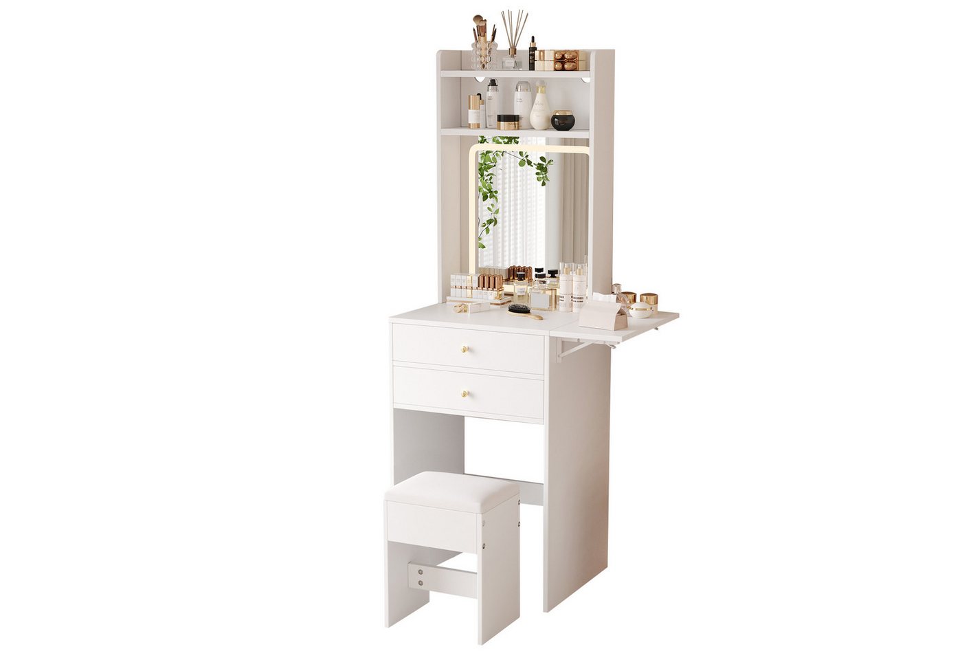 i@home Schminktisch mit verstellbarer LED-Beleuchtung, Weiß, 75*156*45 cm (1 Schminktisch inkl 1 Hocker), mit 2 Schubladen, 2 offenen Fächern und 22cm klappbare Tischplatte von i@home
