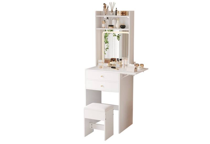 i@home Schminktisch mit verstellbarer LED-Beleuchtung, Weiß, 75*156*45 cm (1 Schminktisch inkl 1 Hocker), mit 2 Schubladen, 2 offenen Fächern und 22cm klappbare Tischplatte von i@home