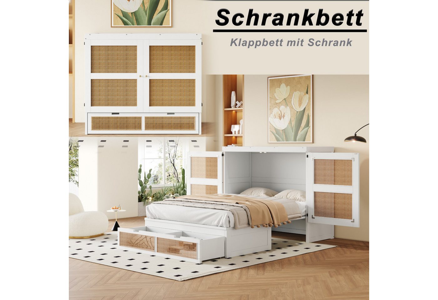 i@home Schrankbett 140x200 cm mit Lattenrost & Schubladen (Einzelmöbel) Vertikale Klappfunktion, Rattanoptik, platzsparend von i@home