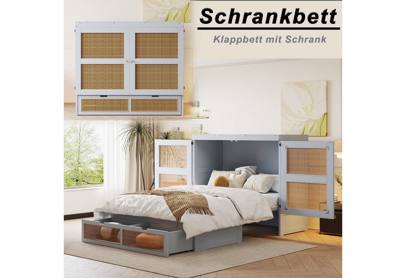 i@home Schrankbett 140x200 cm mit Lattenrost & Schubladen (Einzelmöbel) Vertikale Klappfunktion, Rattanoptik, platzsparend von i@home