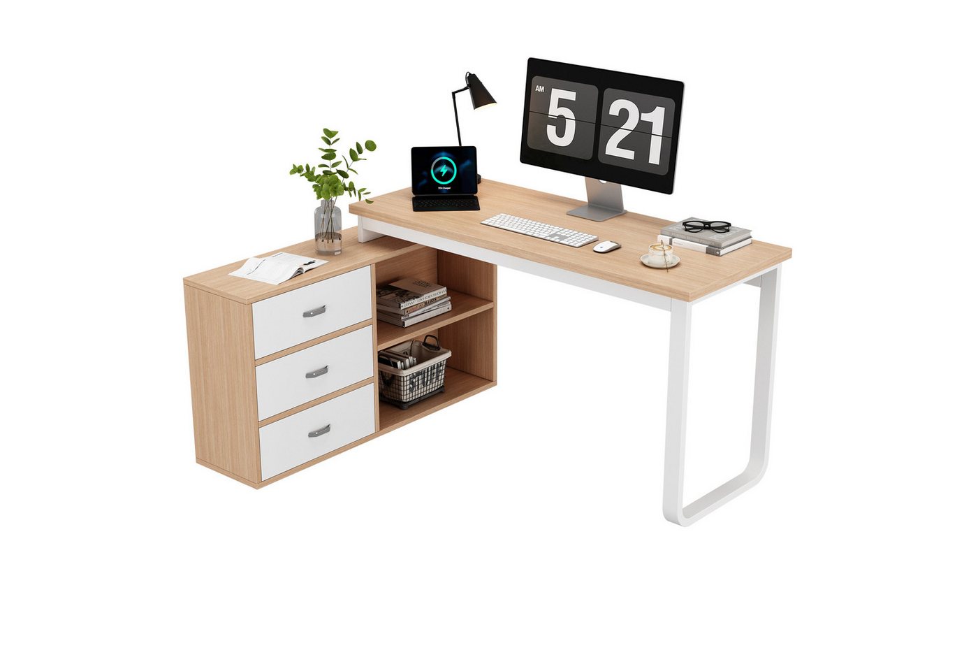 i@home Schreibtisch Büroschreibtisch,Lerntisch,natur (Packung set, 1 Tisch), mit Schubladen und offene Ablagefäche, 147*100*75.3cm von i@home