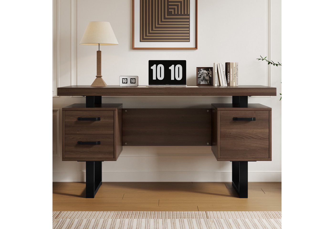 i@home Schreibtisch einfacher Büroschreibtisch, MDF und hochwertiges Stahlrohr (135 x 54 cm, geräuschlose Schublade, Ordnerschublade, spritzwassergeschützte), geräumige Schreibtischplatte, effiziente Aufbewahrung, braun von i@home