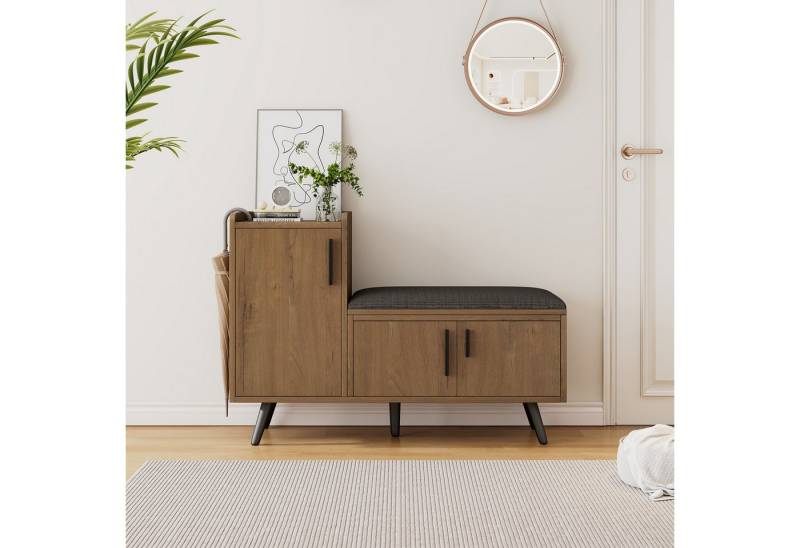 i@home Schuhbank Moderne Schuhbank Schuhtruhe Sitzbank mit drei Stauraumtüren (Mit asymmetrischen Metallgriffen und mehreren Ebenen zur Aufbewahrung), Gepolsterte Sitzbank, Asymmetrische Griffe von i@home