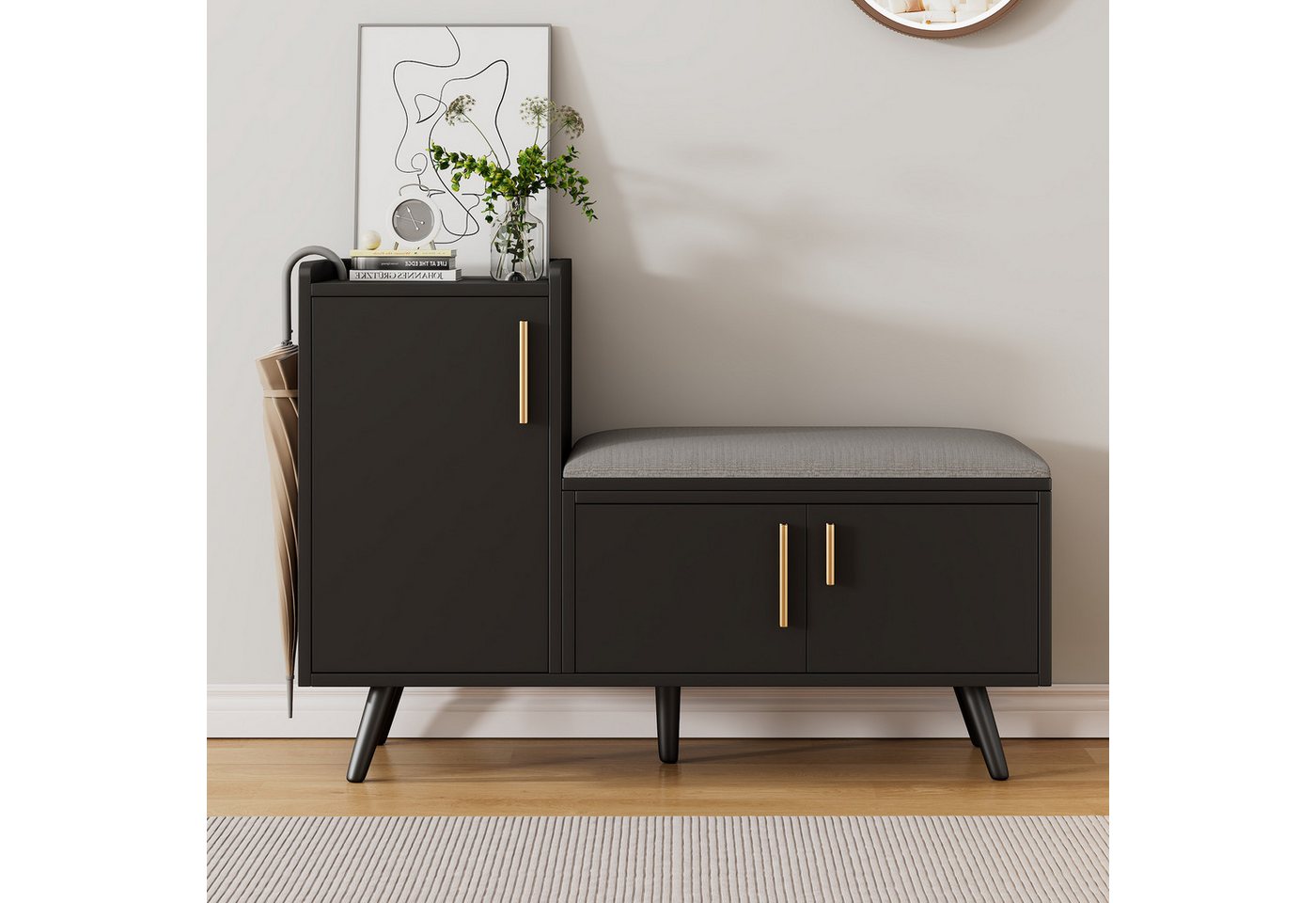 i@home Schuhbank Moderne Schuhbank Schuhtruhe Sitzbank mit drei Stauraumtüren (Mit asymmetrischen Metallgriffen und mehreren Ebenen zur Aufbewahrung, Maße: B100/T34/H69 cm) von i@home