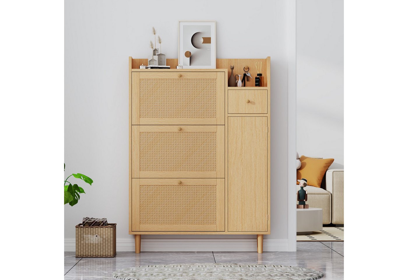 i@home Schuhkipper Holzwerkstoff Schuhschrank aus Rattan–geeignet für enge Eingänge (3 Kipp-Türen und 1 Schublade–mit Massivholzbeinen und Griffen, B90/H125/T17 cm), Platzsparend, Rattan-Design, Großer Stauraum von i@home