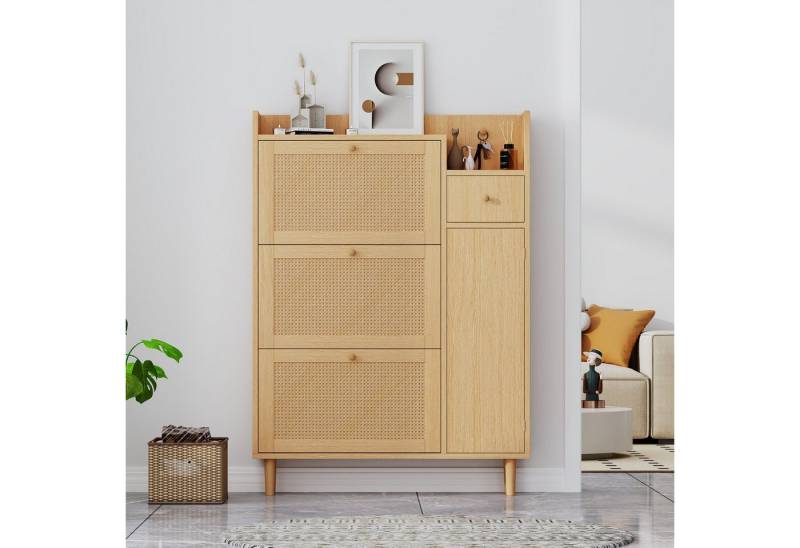 i@home Schuhkipper Holzwerkstoff Schuhschrank aus Rattan–geeignet für enge Eingänge (3 Kipp-Türen und 1 Schublade–mit Massivholzbeinen und Griffen, B90/H125/T17 cm), Platzsparend, Rattan-Design, Großer Stauraum von i@home