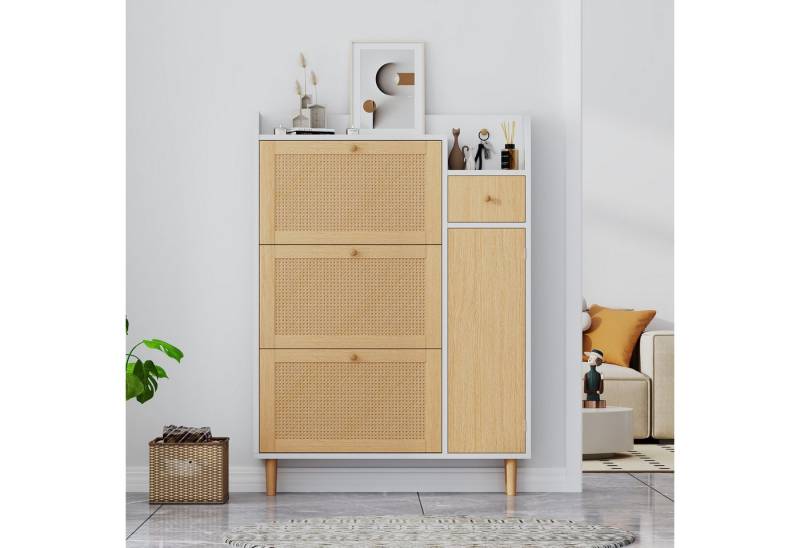 i@home Schuhkipper Holzwerkstoff Schuhschrank aus Rattan–geeignet für enge Eingänge (3 Kipp-Türen und 1 Schublade–mit Massivholzbeinen und Griffen, B90/H125/T17 cm), Platzsparend, Rattan-Design, Großer Stauraum von i@home