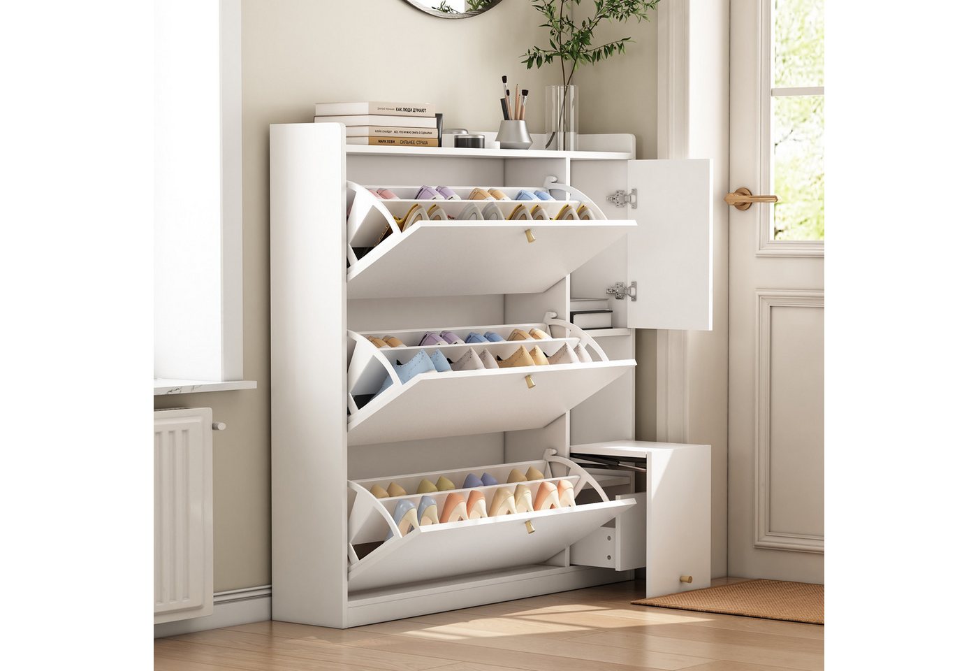 i@home Schuhkipper Vielseitiger Kipp-Schuhschrank mit 3 Klappschubladen (Stauraum-Eingangsorganizer mit Schublade 119*24*122cm, Freistehendes Schuhregal mit herunterklappbarer Sitzbank für den Flur) von i@home