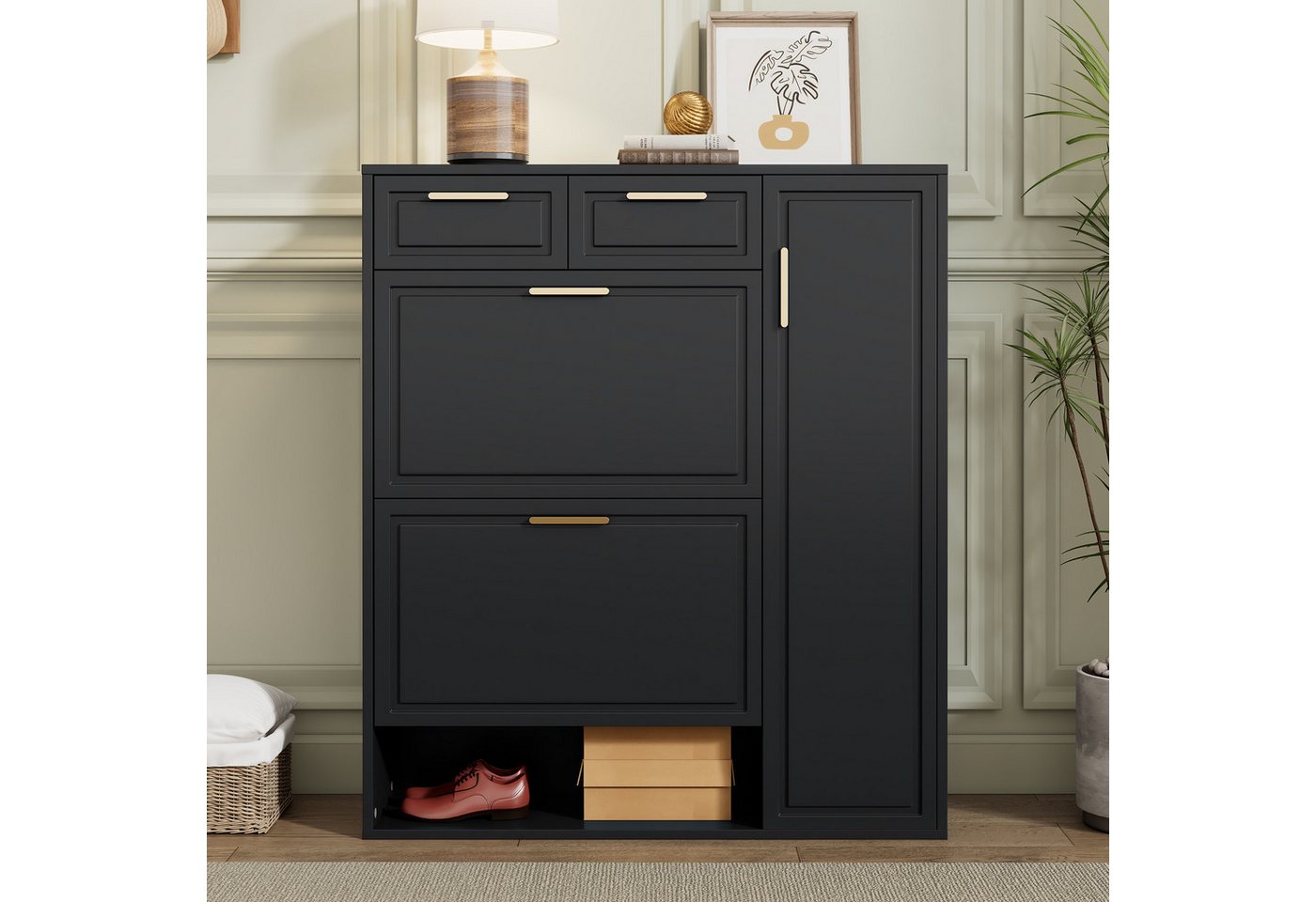 i@home Schuhschrank Moderne Schuhschrank, mit verstellbaren Regalen B95/D24/H107 (goldenen Griffen, Schubladen, Klappschuhschrank und Türen, Combo Item) von i@home