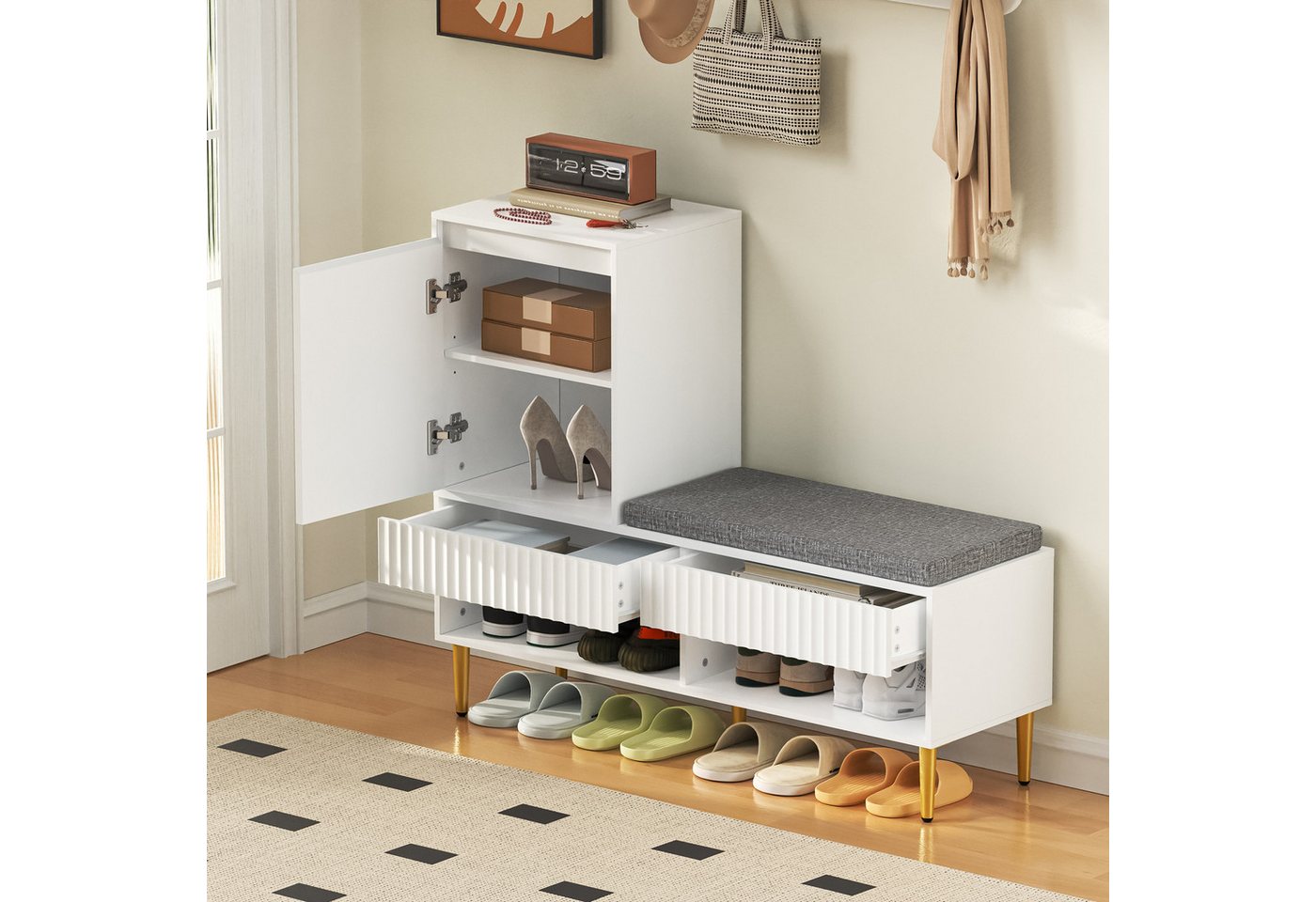 i@home Schuhschrank mit Sitzbank, Weiß 1 Tür,2 Schubladen, 2 offenen Ablagefächern, gepolstert, 100*35*90cm von i@home