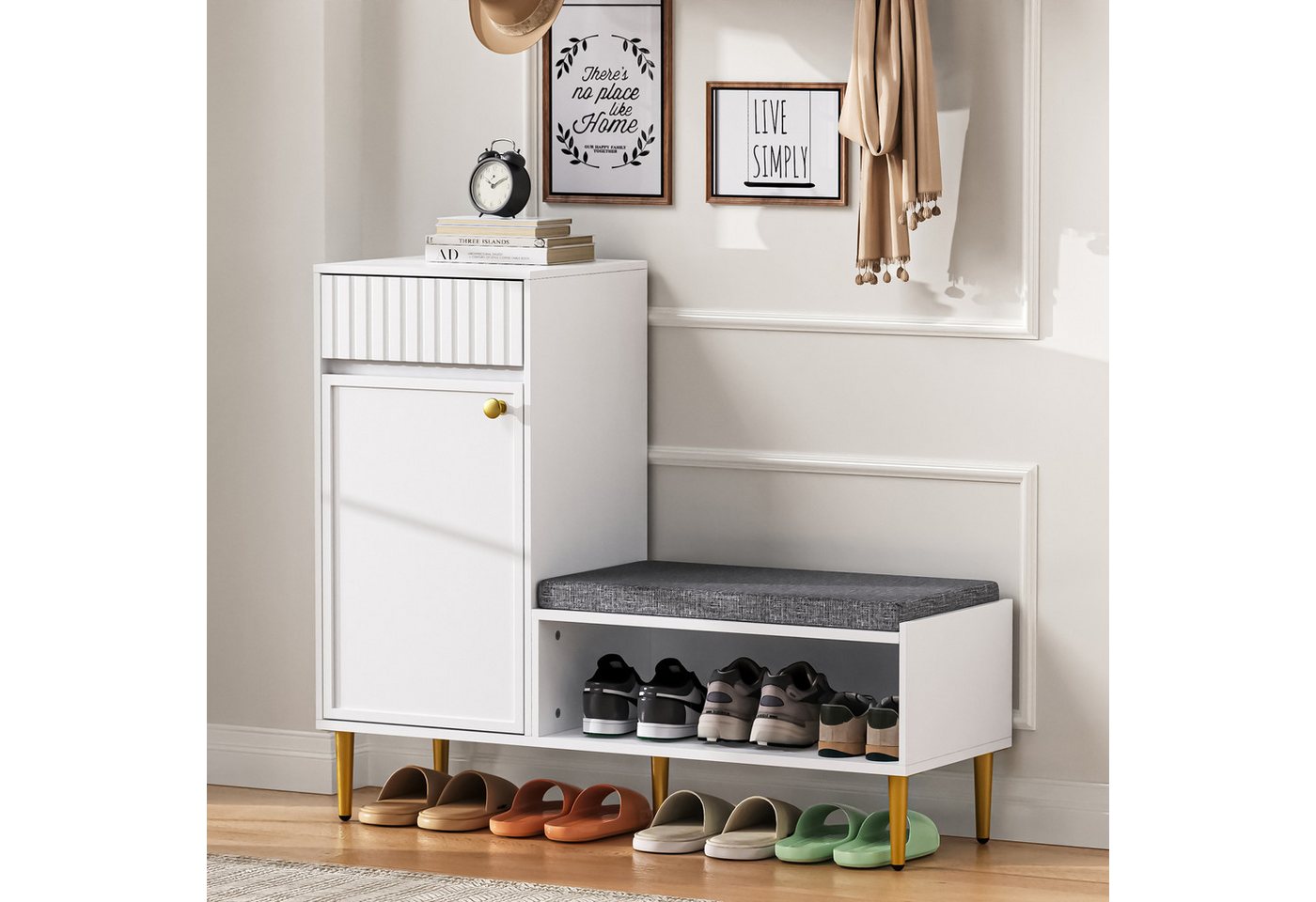 i@home Schuhschrank mit Sitzbank, Weiß 1 Tür&Schubladen, 1 offenen Ablagefächern, gepolstert, 100*35*82.2cm von i@home