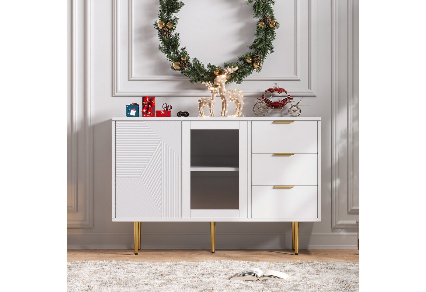 i@home Sideboard Kommode mit 3 Schubladen und 2 Türen, mit Metalfüßen und Glastüren (Maße: 120 x 38 x 79.5 cm, 2 St) von i@home