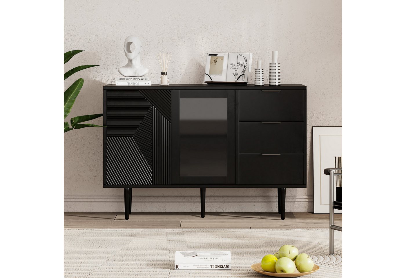 i@home Sideboard Kommode mit 3 Schubladen und 2 Türen, mit Metalfüßen und Glastüren (Maße: 120 x 38 x 79.5 cm, 2 St) von i@home
