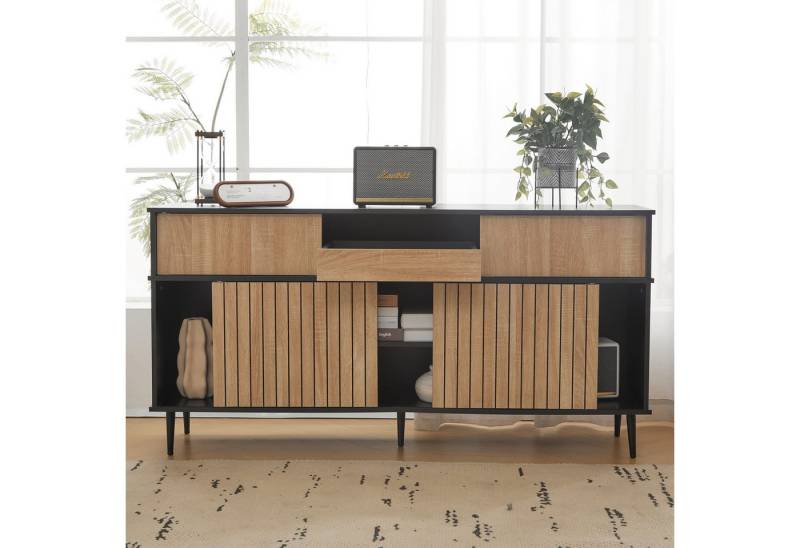 i@home Sideboard Kommode mit 4 Schiebetüren und 1 Schublade (Eiche kombiniert mit Schwarz, Maße: 160 B x 40 T x 80 H), Schiebetüren, verstellbare Regale, Kippsicherung von i@home