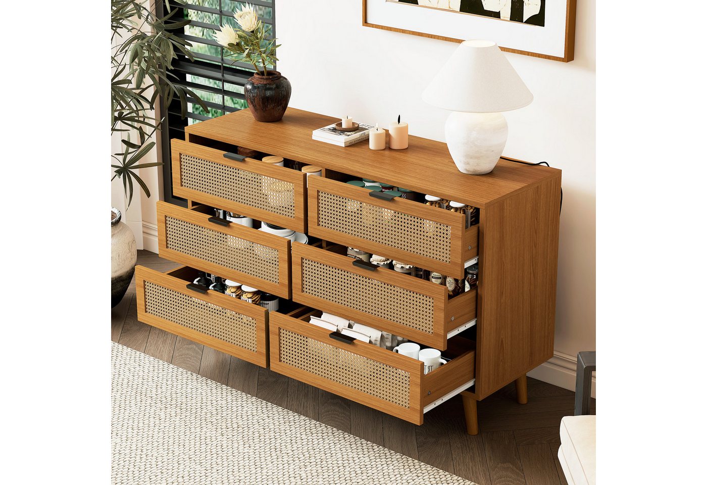i@home Sideboard Kommode mit 6 Schubladen, Sideboard Schubladenschrank aus Holz (Schubladenkommode mit Metallgriffe, für Schlafzimmer, Wohnräume, Büro, Sideboard Highboard mit viel Stauraum), Rattan-Design, Retro-Stil, Großer Stauraum von i@home
