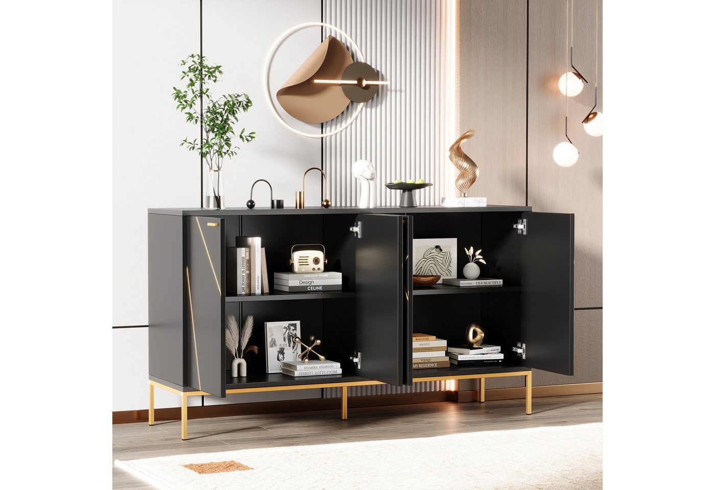 i@home Sideboard Sideboard mit vier Türen, Metallfüßen, TV-Schrank, Kleiderschrank (geradliniges Design mit Metalllinien-Dekor H 80cm / B 150 cm / T 40 cm) von i@home