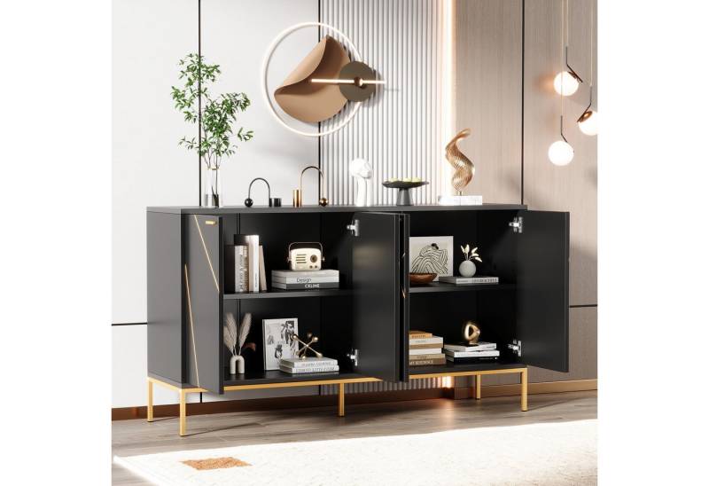 i@home Sideboard Sideboard mit vier Türen, Metallfüßen, TV-Schrank, Kleiderschrank (geradliniges Design mit Metalllinien-Dekor H 80cm / B 150 cm / T 40 cm) von i@home