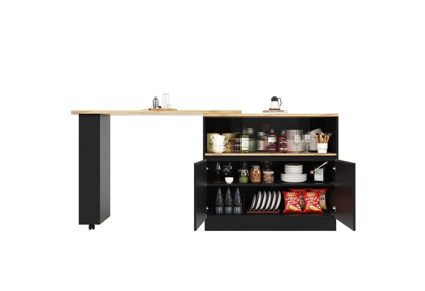 i@home Sideboard Um 360° drehbare Essbar (Hauptkörper 90 x 45 x 100 cm) (Bis 60 kg belastbar, geeignet für Küchen und Essenzimmer), drehbares Sideboard mit Ablageflächen und Changhong-Glas, schwarz von i@home