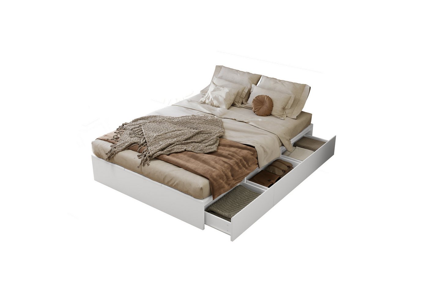i@home Stauraumbett Stauraumbett 140x200 cm mit Schubladen und Aufbewahrungsbox, weiß (Einzelbett mit Stauraum, Einzelbett ohne Matratze), Mit 6 Boxen & 3 Schubladen, rutschfest, ohne Matratze von i@home