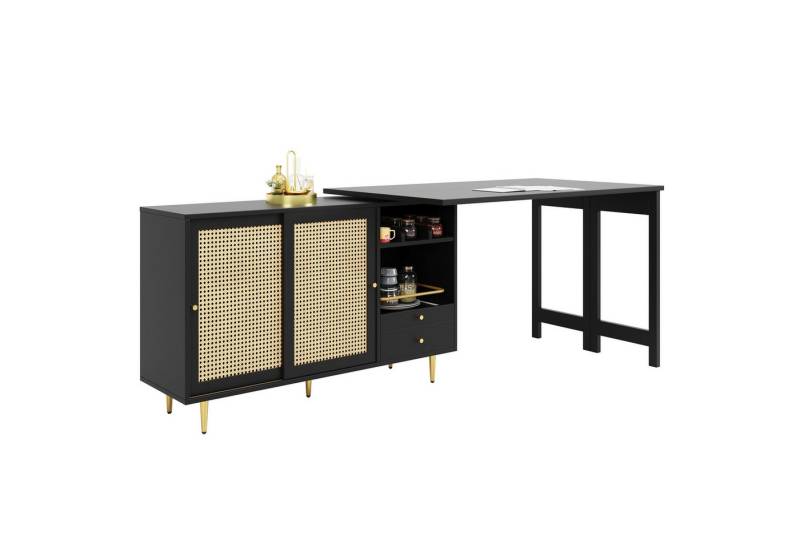 i@home Stehtisch Um 360° drehbarer, Aufbewahrungsschrank mit Rattantür (Bis 60 kg belastbar, geeignet für Küche und Esszimmer), schwarzer ausziehbarer Design-Stehtisch, 107 x 40 x 71,4 cm von i@home