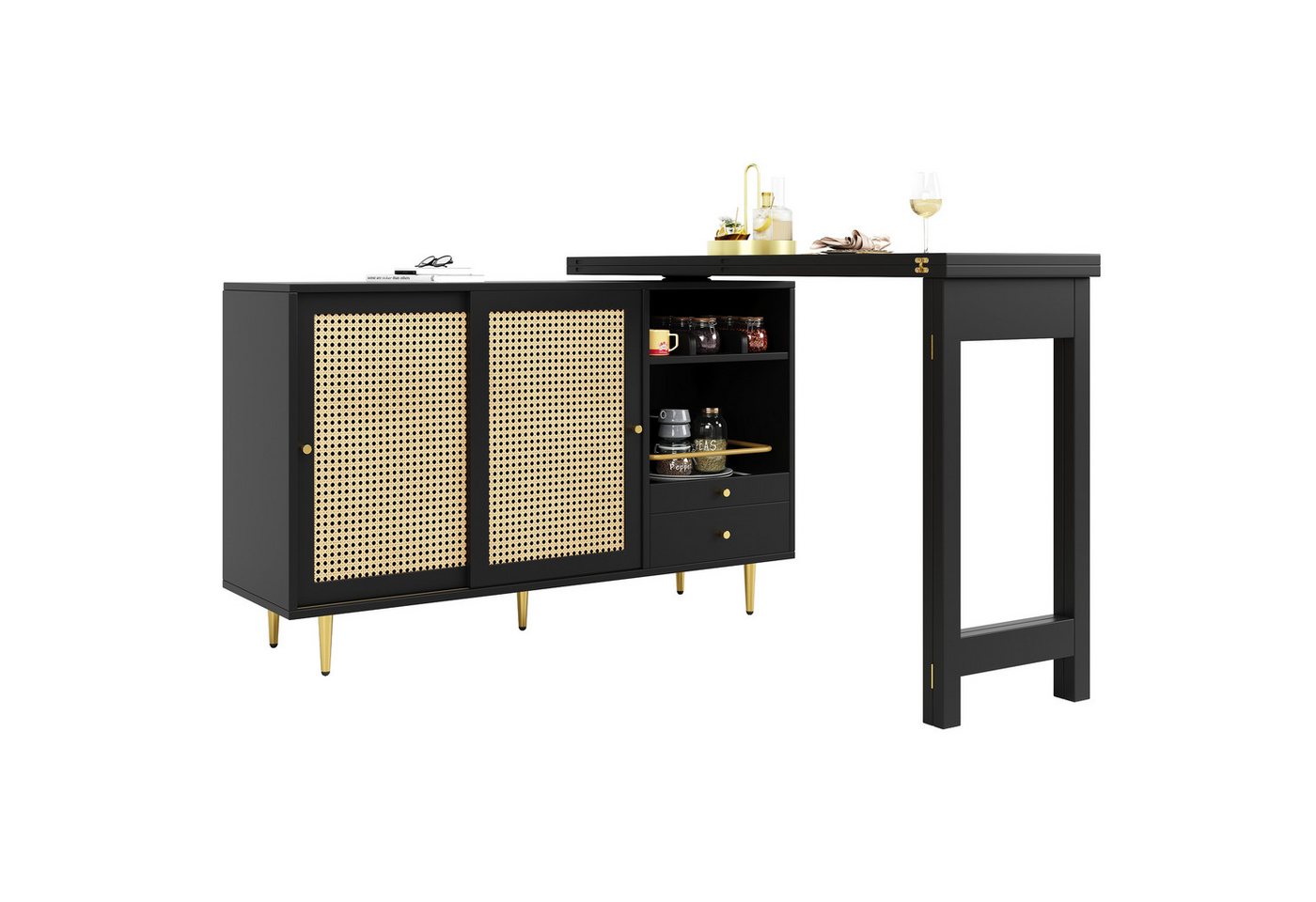 i@home Stehtisch Um 360° drehbarer, Aufbewahrungsschrank mit Rattantür (Bis 60 kg belastbar, geeignet für Küche und Esszimmer), schwarzer ausziehbarer Design-Stehtisch, 107 x 40 x 71,4 cm von i@home