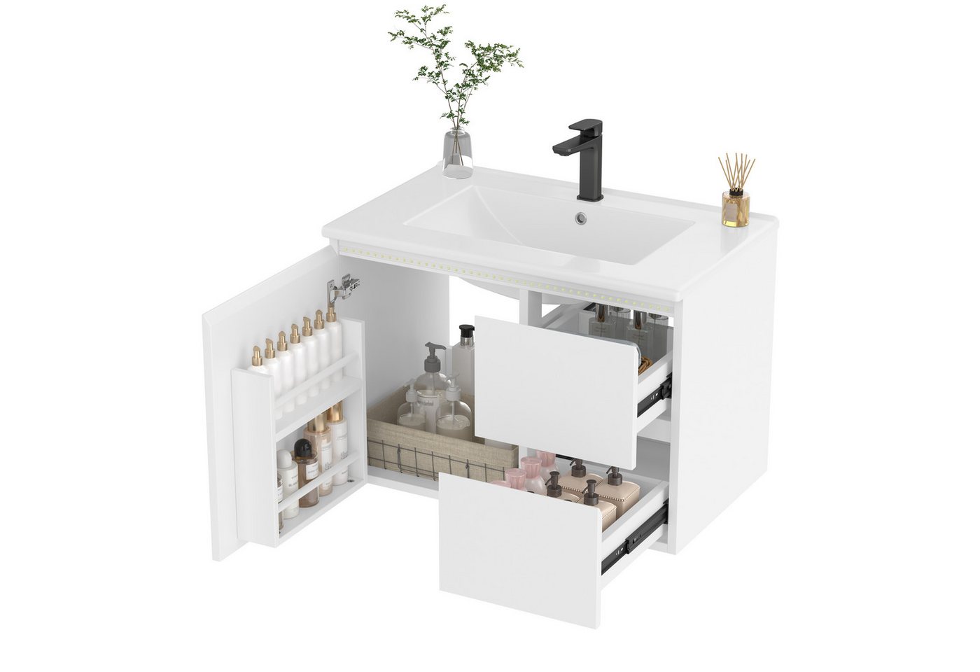 i@home Waschbeckenschrank Badezimmerschränk, Waschtisch,weiß (Packung set) mit LED-Sensorlicht,Schubladen,Ablage und Waschbecken,76*46*50cm von i@home