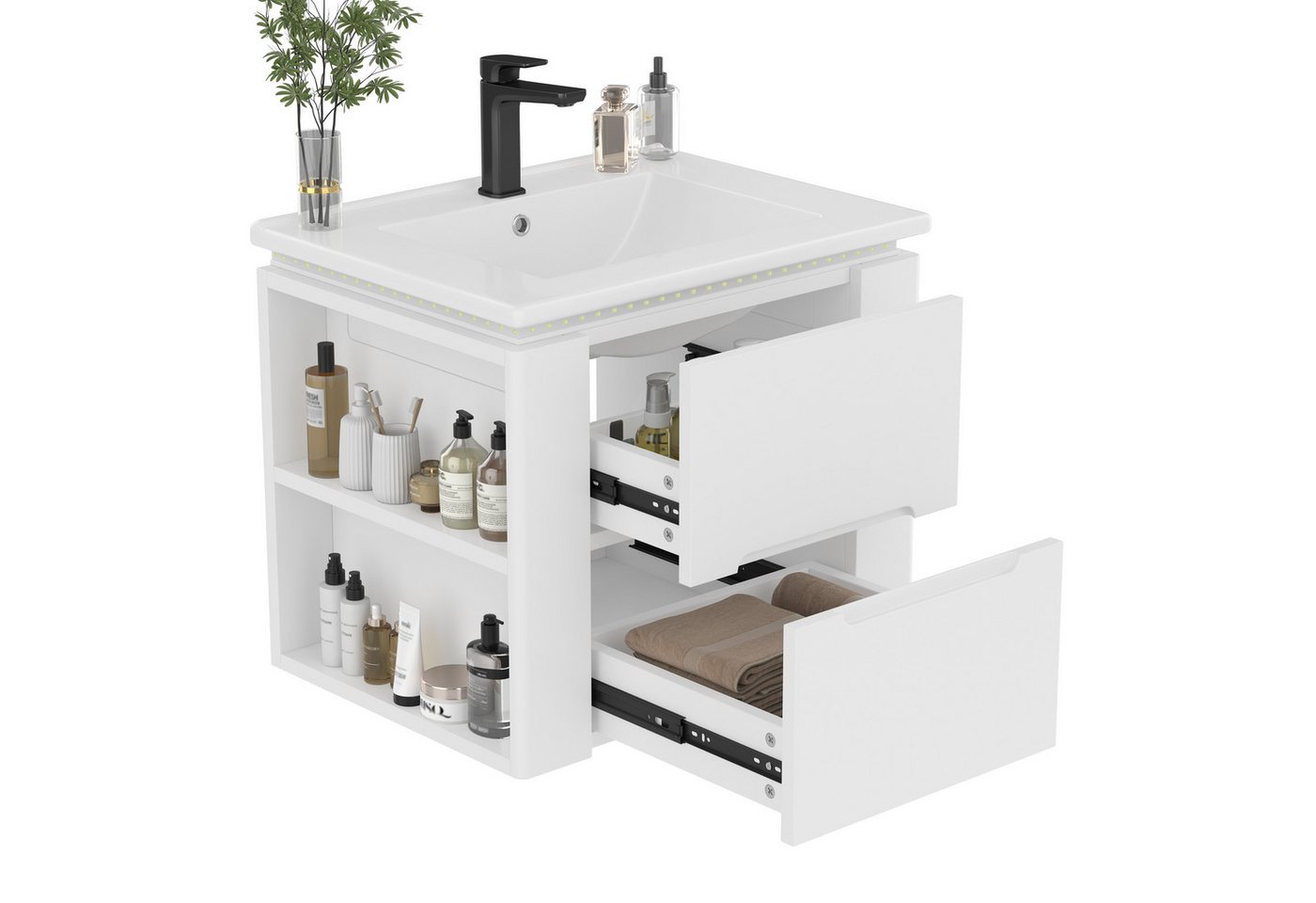 i@home Waschbeckenschrank Badezimmerschränk,Waschtisch,weiß (Packung set) mit LED-Sensorlicht,Schubladen und seitliche Ablagen,61*46*48.5 von i@home