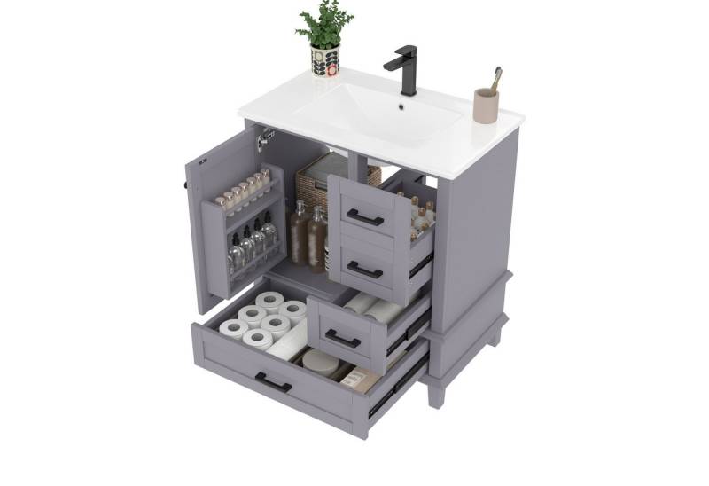 i@home Waschbeckenschrank Badezimmerschrank,Waschtisch, grau /weiß (Packung set) mit Keramikwaschbecken,Türregal und vier Schubladen,76x46x83,5cm von i@home