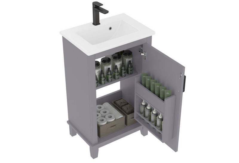 i@home Waschbeckenschrank Badezimmerschrank,Waschtisch, weiß/grau (Packung set) mit Keramikwaschbecken, Türregale und verstellbare Regale,51x34x83cm von i@home