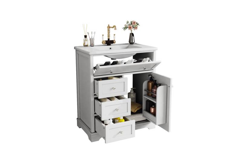 i@home Waschbeckenschrank Badezimmerschrank,weiß (Packung set) mit Unterschrank,Klappschublade und Keramikwasch,76x46x87cm von i@home