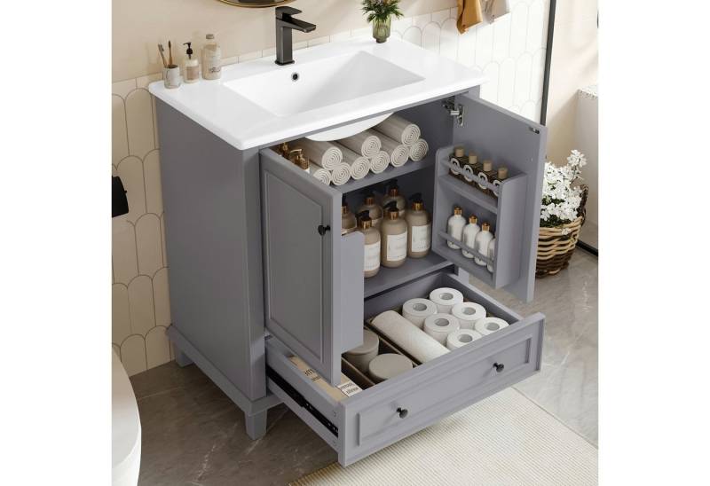 i@home Waschbeckenschrank Bodenstehender Badezimmerschrank mit Waschbeck, Waschtisch (großer Stauraum, integriertes Keramikwaschbecken, Beine aus Massivholz, Volllackierung, feuchtigkeits- und wasserdicht) von i@home