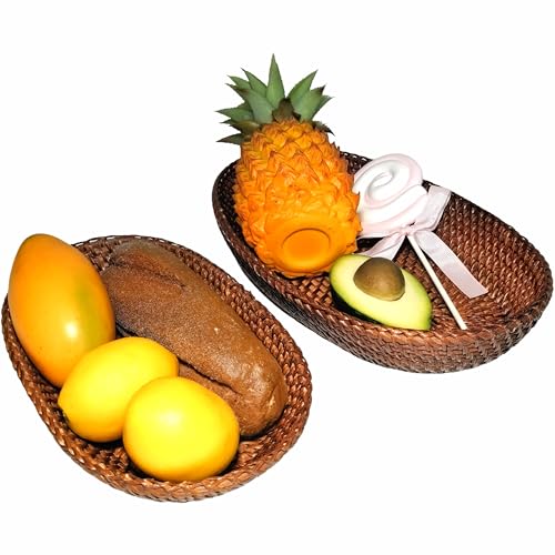 i-lan Set mit 2 ovalen Rattan-Brotkörben, 31,8 cm, handgewebt, dekorativ, langer Obstkorb mit 6,9 cm Wand, Boho-schmaler Servierkorb, Schüssel für Obst, Lebensmittel, Snack (2 Größen: S + L) von i-lan